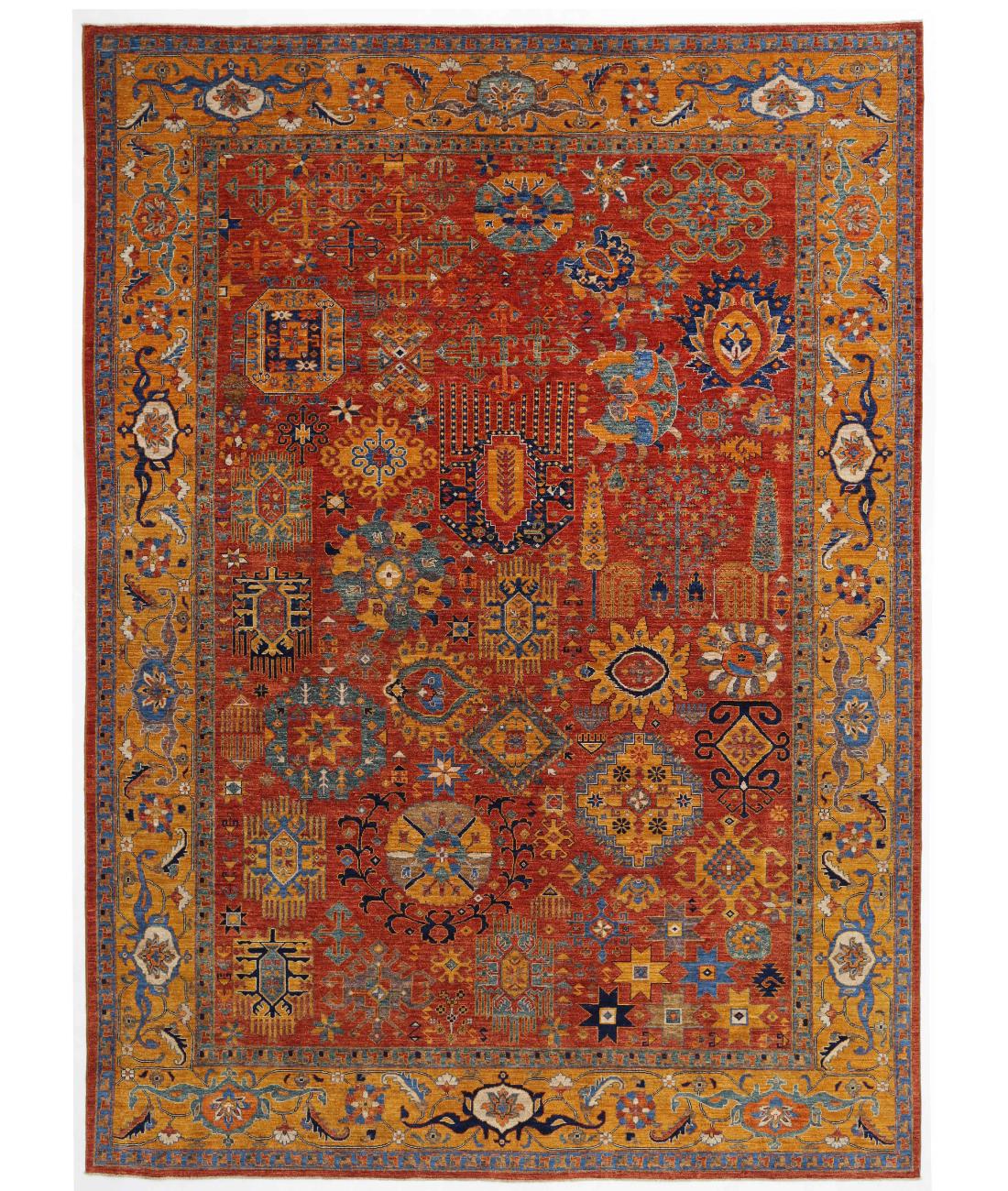 Hand Knotted Nomadic Caucasian Humna Wool Rug - 9'11'' x 13'7'' 9' 11" X 13' 7" ( 302 X 414 ) / Red / Gold