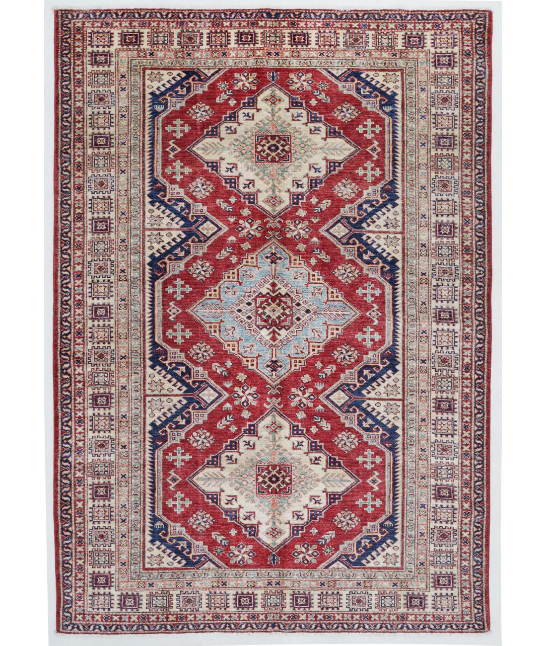 Hand Knotted Royal Kazak Wool Rug - 5'6'' x 7'11'' 5' 6" X 7' 11" ( 168 X 241 ) / Red / Ivory