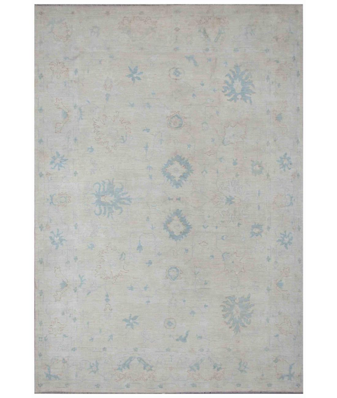 Hand Knotted Oushak Wool Rug - 9'5'' x 13'5'' 9' 5" X 13' 5" ( 287 X 409 ) / Ivory / Taupe