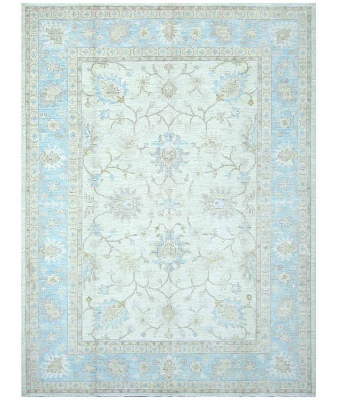 Hand Knotted Oushak Wool Rug - 9'0'' x 12'1'' 9' 0" X 12' 1" ( 274 X 368 ) / Ivory / Blue