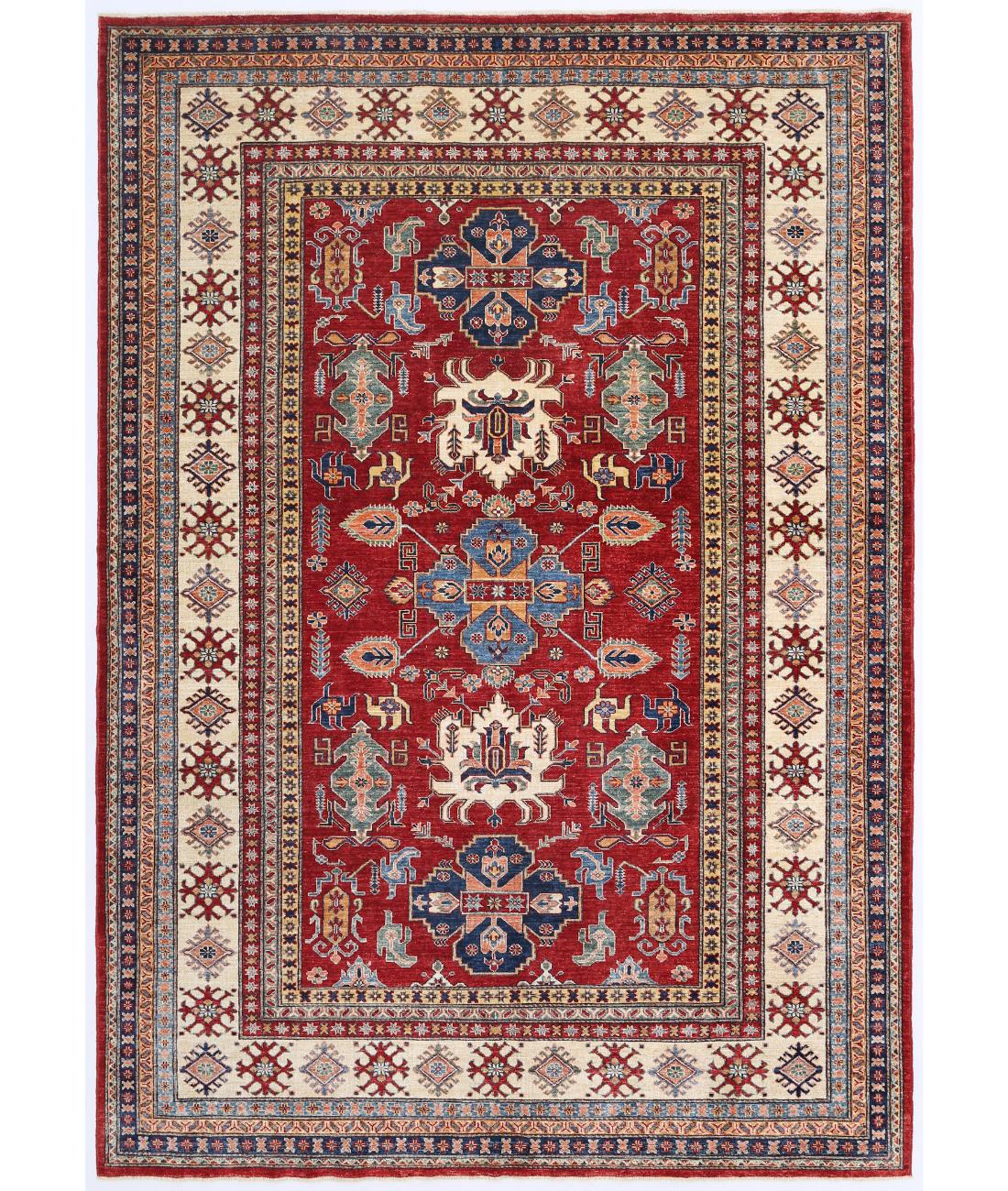 Hand Knotted Royal Kazak Wool Rug - 6'9'' x 9'7'' 6' 9" X 9' 7" ( 206 X 292 ) / Red / Ivory