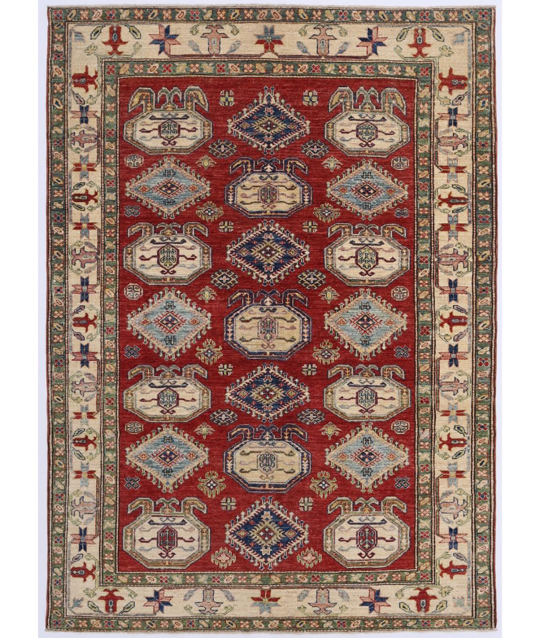 Hand Knotted Royal Kazak Wool Rug - 5'7'' x 7'10'' 5' 7" X 7' 10" ( 170 X 239 ) / Red / Ivory