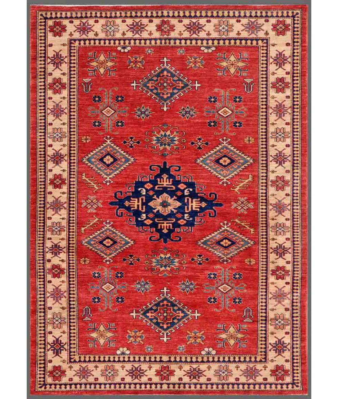 Hand Knotted Royal Kazak Wool Rug - 5'5'' x 7'7'' 5' 5" X 7' 7" ( 165 X 231 ) / Red / Ivory