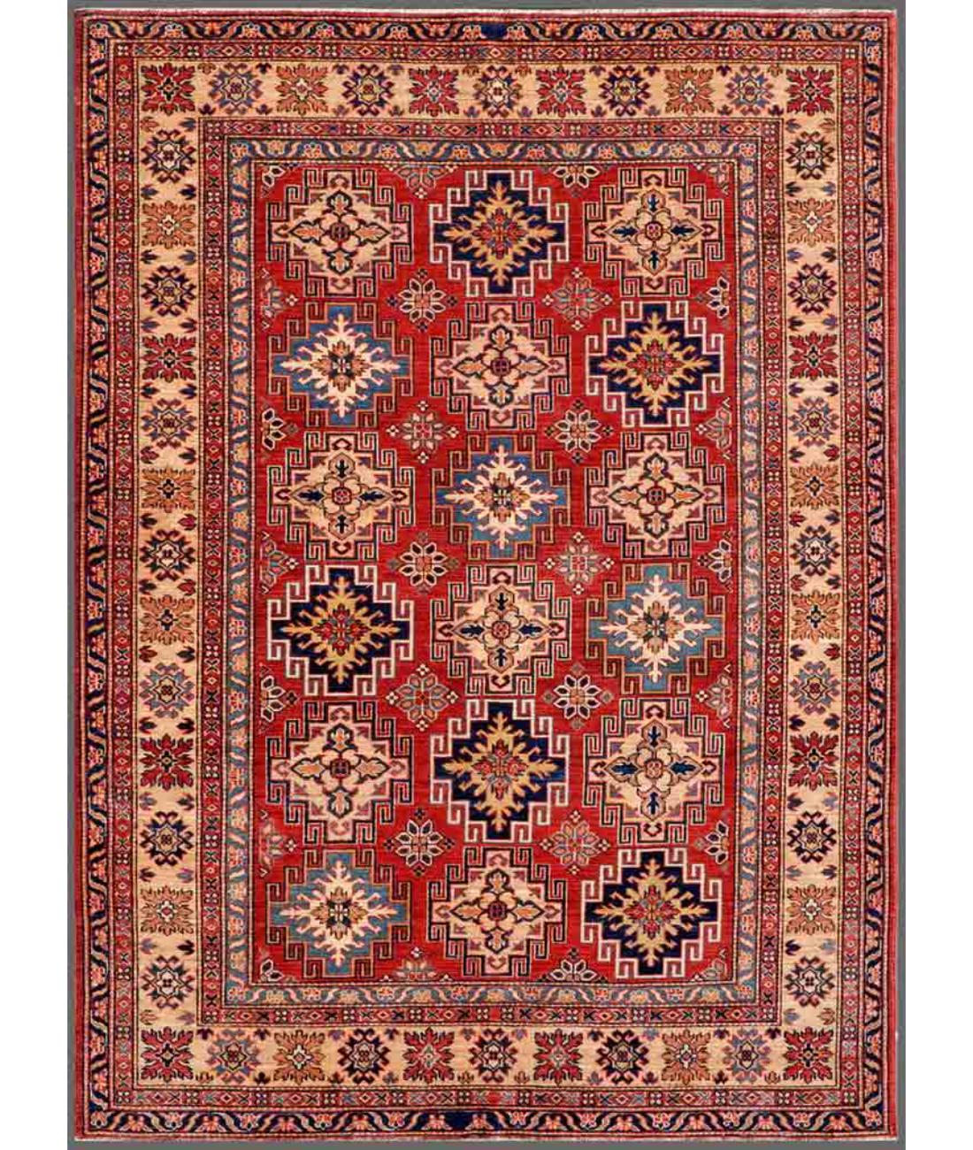 Hand Knotted Royal Kazak Wool Rug - 5'6'' x 7'9'' 5' 6" X 7' 9" ( 168 X 236 ) / Red / Ivory