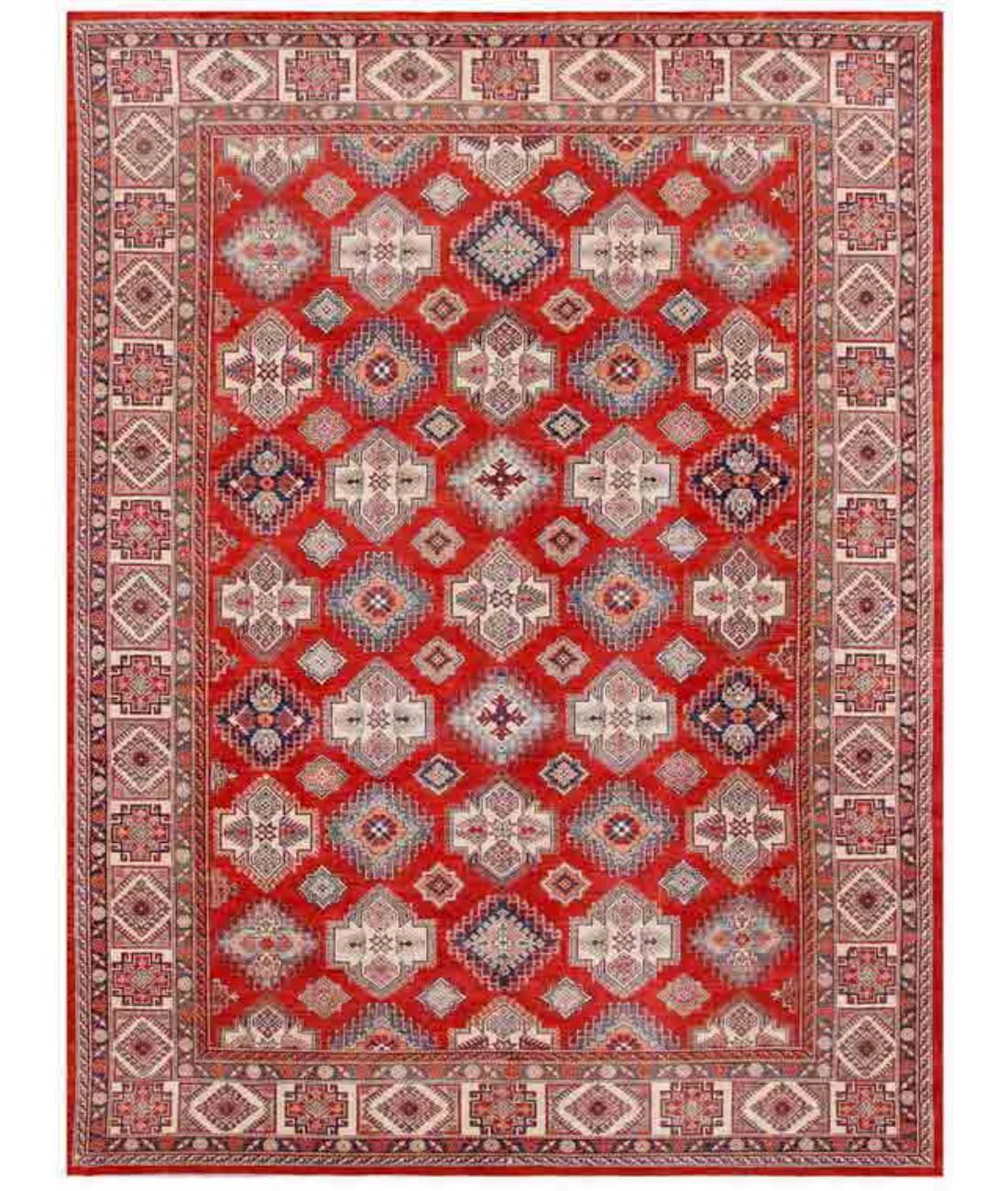 Hand Knotted Tribal Kazak Wool Rug - 12'1'' x 15'11'' 12' 1" X 15' 11" ( 368 X 485 ) / Red / Ivory