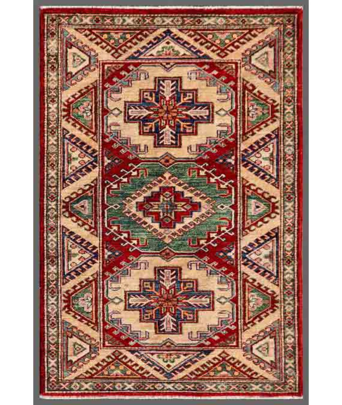 Hand Knotted Royal Kazak Wool Rug - 3'0'' x 4'6'' 3' 0" X 4' 6" ( 91 X 137 ) / Red / Ivory