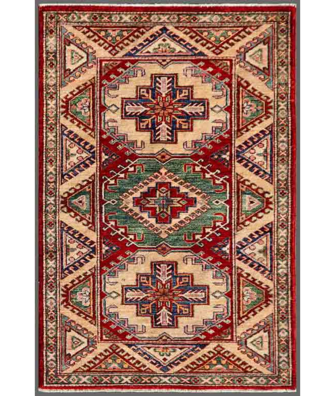 Hand Knotted Royal Kazak Wool Rug - 3'0'' x 4'7'' 3' 0" X 4' 7" ( 91 X 140 ) / Red / Ivory