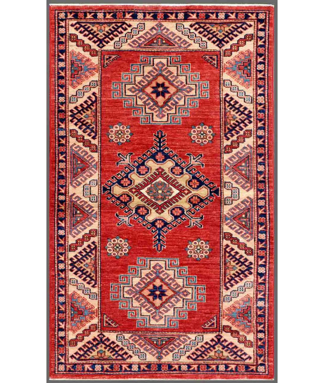 Hand Knotted Royal Kazak Wool Rug - 2'11'' x 4'10'' 2' 11" X 4' 10" ( 89 X 147 ) / Red / Ivory