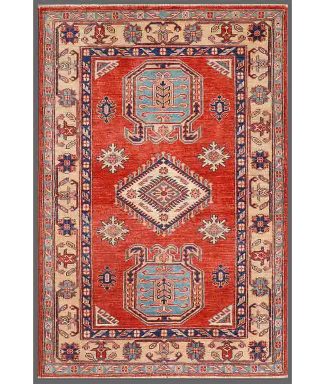 Hand Knotted Royal Kazak Wool Rug - 3'2'' x 4'9'' 3' 2" X 4' 9" ( 97 X 145 ) / Red / Ivory