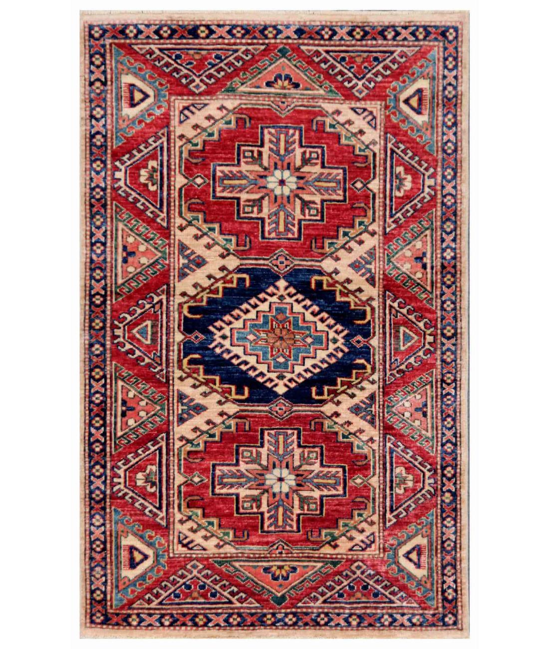 Hand Knotted Royal Kazak Wool Rug - 3'0'' x 4'9'' 3' 0" X 4' 9" ( 91 X 145 ) / Ivory / Red