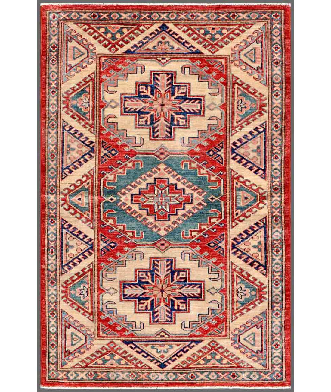 Hand Knotted Royal Kazak Wool Rug - 3'2'' x 4'10'' 3' 2" X 4' 10" ( 97 X 147 ) / Red / Ivory