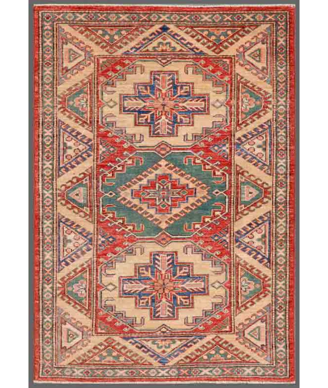 Hand Knotted Royal Kazak Wool Rug - 3'2'' x 4'6'' 3' 2" X 4' 6" ( 97 X 137 ) / Red / Ivory