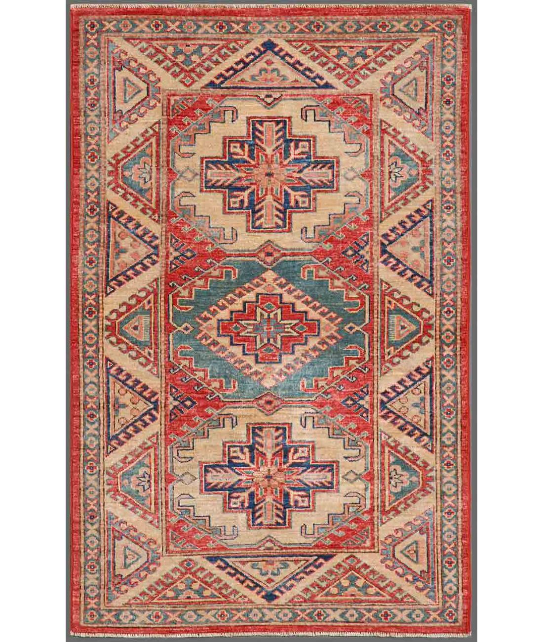 Hand Knotted Royal Kazak Wool Rug - 3'1'' x 4'9'' 3' 1" X 4' 9" ( 94 X 145 ) / Red / Ivory