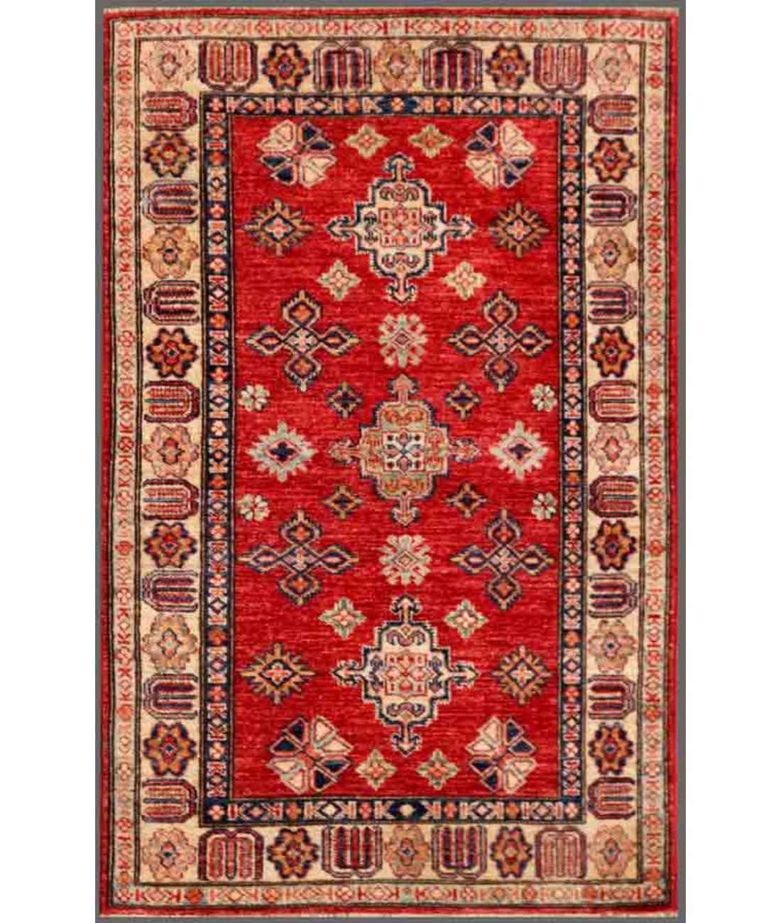 Hand Knotted Royal Kazak Wool Rug - 3'4'' x 5'2'' 3' 4" X 5' 2" ( 102 X 157 ) / Red / Ivory