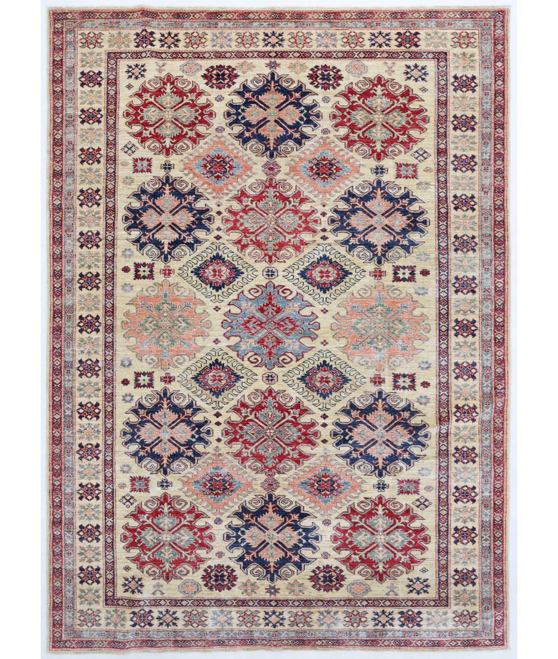 Hand Knotted Royal Kazak Wool Rug - 7'6'' x 9'2'' 7' 6" X 9' 2" ( 229 X 279 ) / Ivory / Red