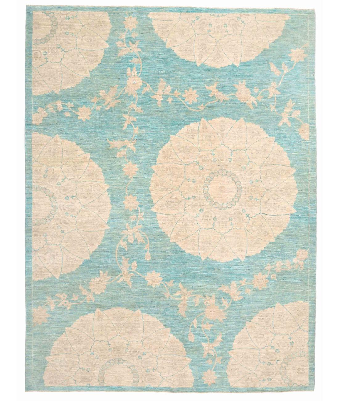 Hand Knotted Artemix Wool Rug - 9'0'' x 12'2'' 9' 0" X 12' 2" ( 274 X 371 ) / Teal / Ivory