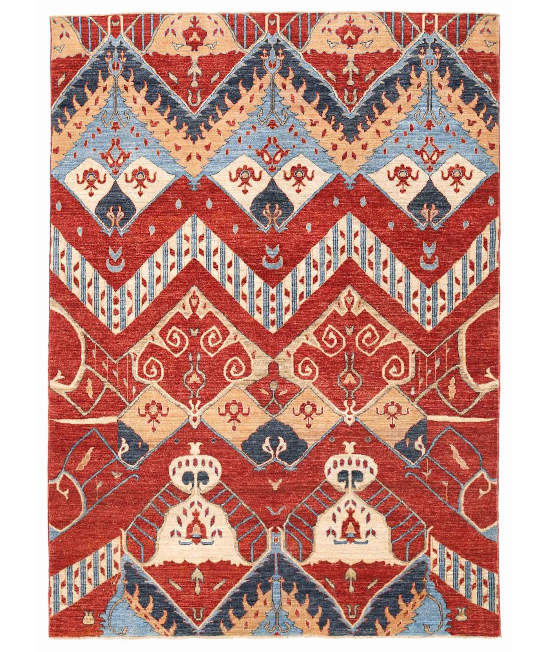 Hand Knotted Ikat Wool Rug - 5'6'' x 7'9'' 5' 6" X 7' 9" ( 168 X 236 ) / Red / Blue
