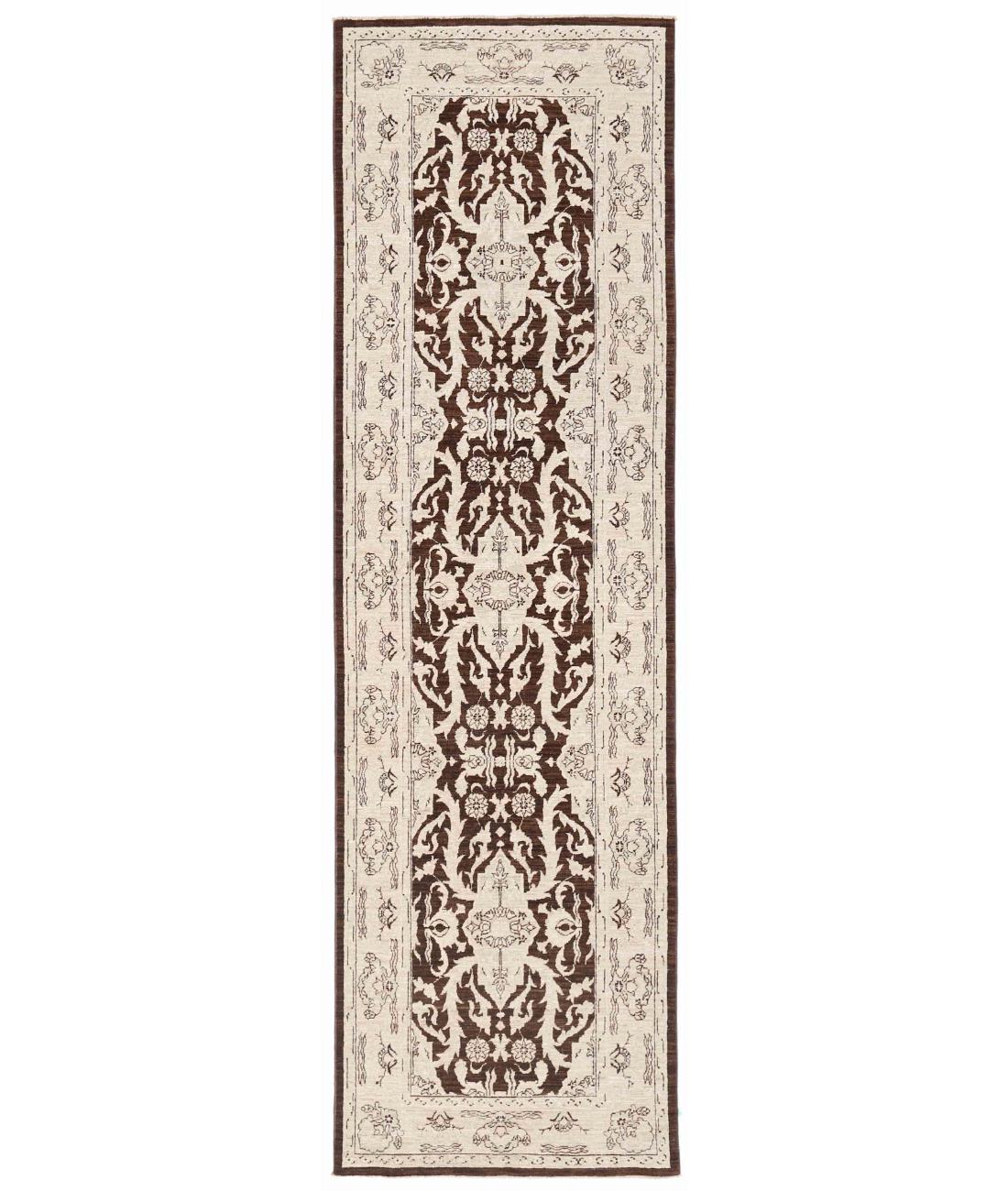 Hand Knotted Fine Ziegler Wool Rug - 3'2'' x 10'9'' 3' 2" X 10' 9" ( 97 X 328 ) / Brown / Ivory