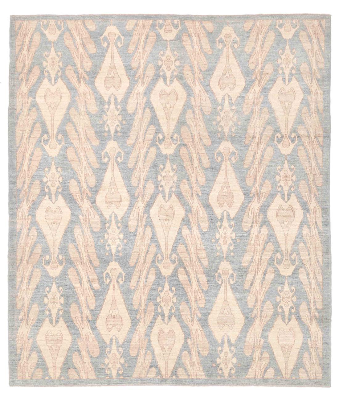 Hand Knotted Ikat Wool Rug - 8'2'' x 9'9'' 8' 2" X 9' 9" ( 249 X 297 ) / Blue / Ivory