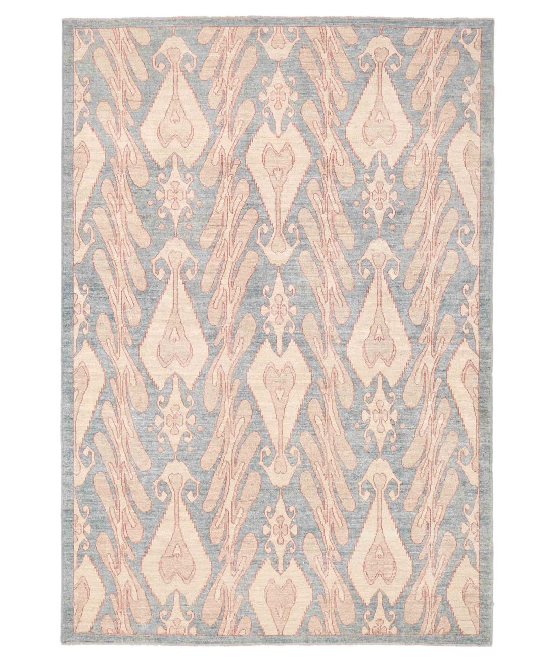 Hand Knotted Ikat Wool Rug - 6'2'' x 9'2'' 6' 2" X 9' 2" ( 188 X 279 ) / Blue / Ivory