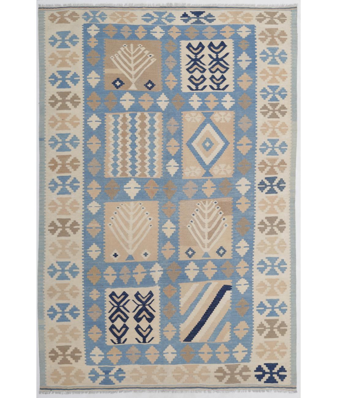 Hand Woven Kafkas Kilim Wool Kilim Rug - 5'8'' x 8'8'' 5' 8" X 8' 8" ( 173 X 264 ) / Blue / Ivory