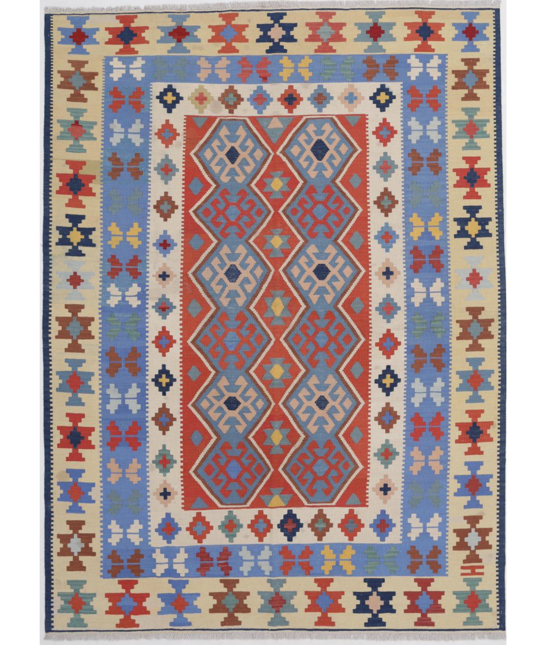 Hand Woven Kafkas Kilim Wool Kilim Rug - 6'1'' x 8'8'' 6' 1" X 8' 8" ( 185 X 264 ) / Blue / Ivory