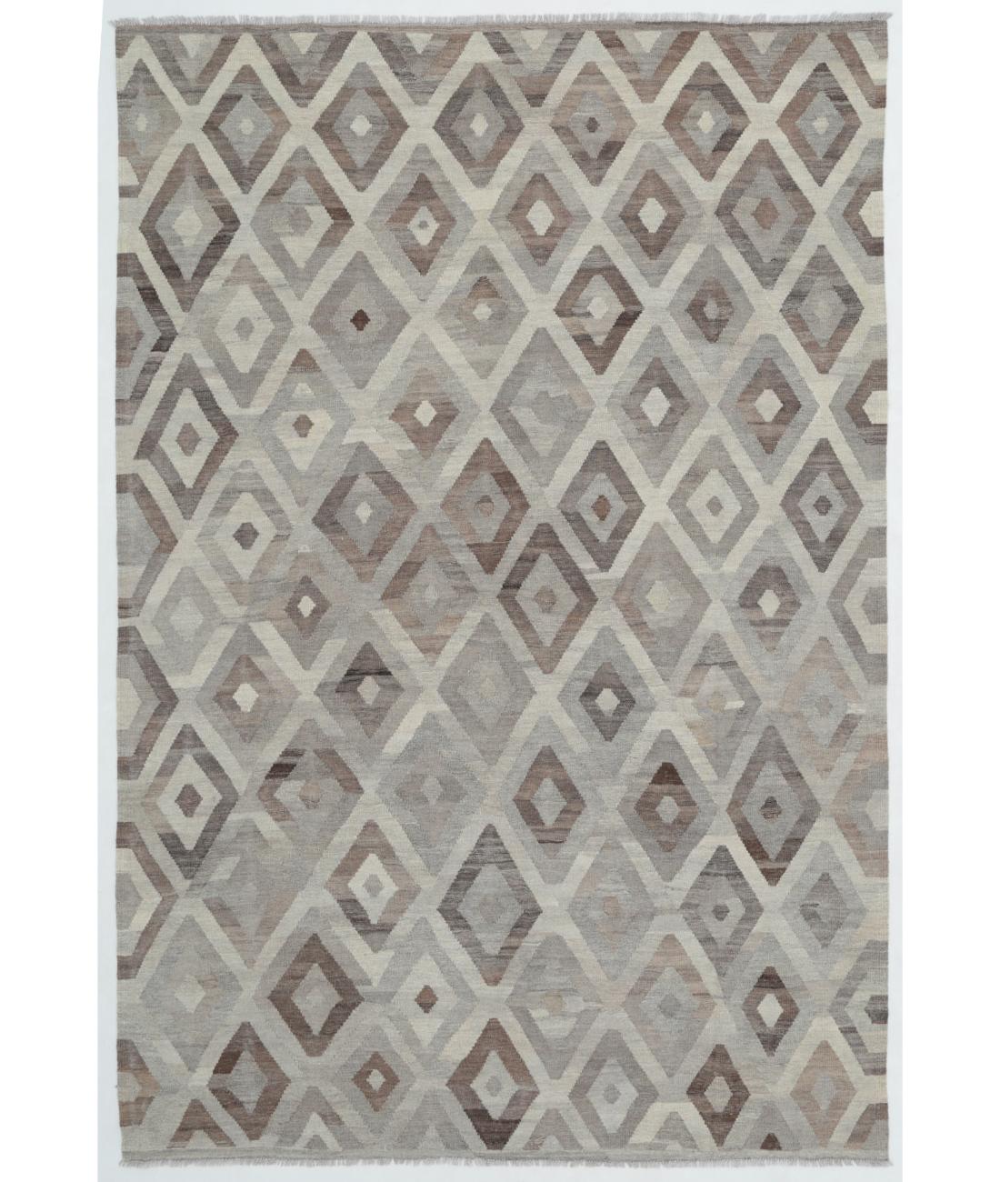 Hand Woven Natural Kilim Wool Kilim Rug - 6'7'' x 9'8'' 6' 7" X 9' 8" ( 201 X 295 ) / Ivory / Grey