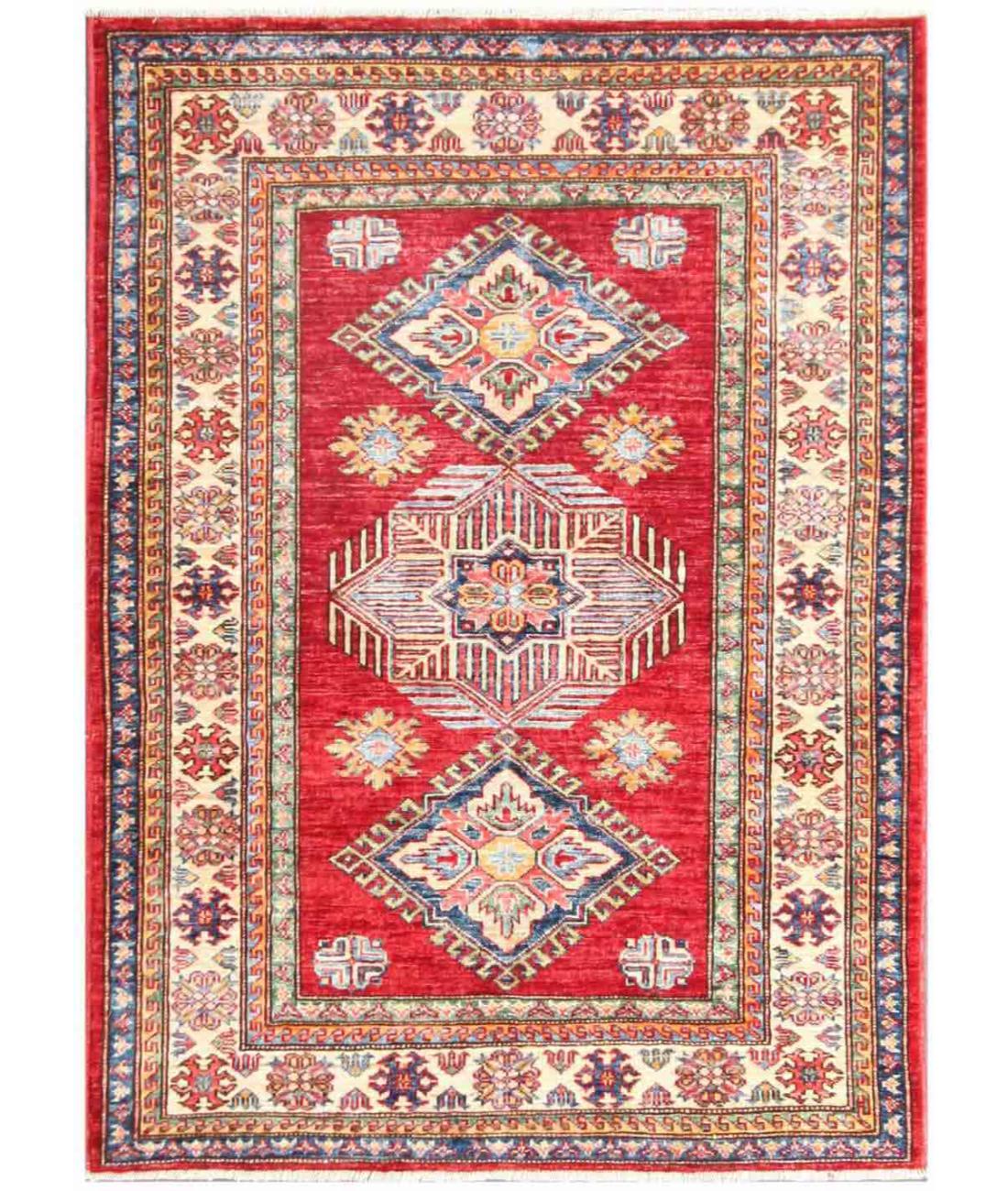 Hand Knotted Royal Kazak Wool Rug - 3'5'' x 4'7'' 3' 5" X 4' 7" ( 104 X 140 ) / Red / Ivory