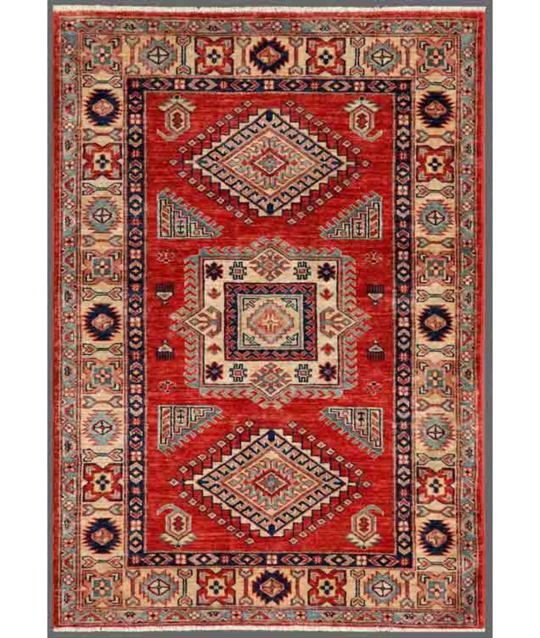 Hand Knotted Royal Kazak Wool Rug - 3'2'' x 4'7'' 3' 2" X 4' 7" ( 97 X 140 ) / Red / Ivory