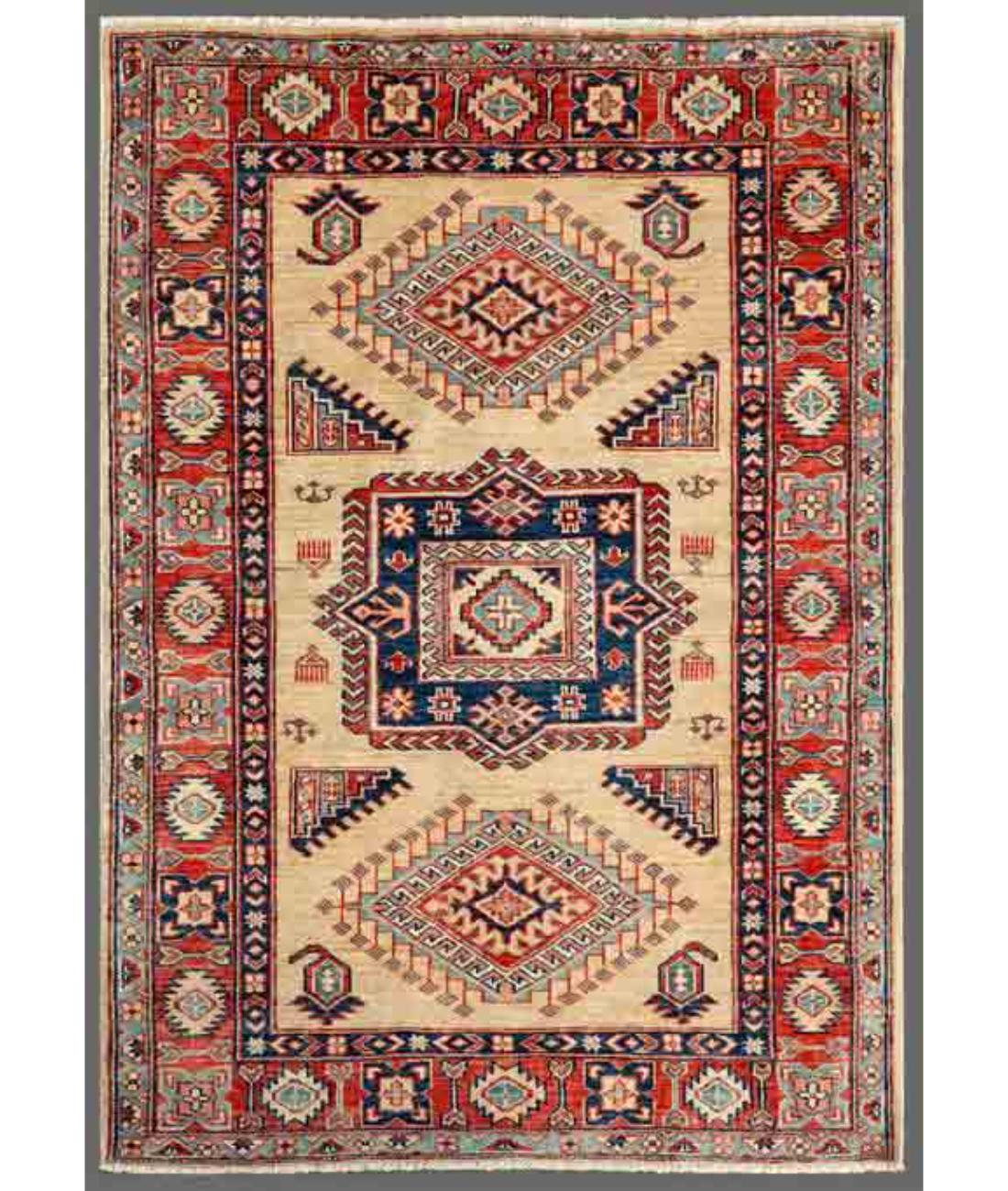 Hand Knotted Royal Kazak Wool Rug - 3'5'' x 5'0'' 3' 5" X 5' 0" ( 104 X 152 ) / Ivory / Red