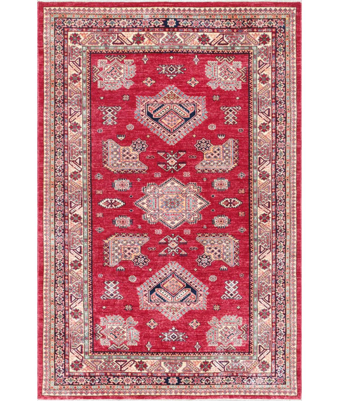 Hand Knotted Royal Kazak Wool Rug - 5'6'' x 8'1'' 5' 6" X 8' 1" ( 168 X 246 ) / Red / Ivory