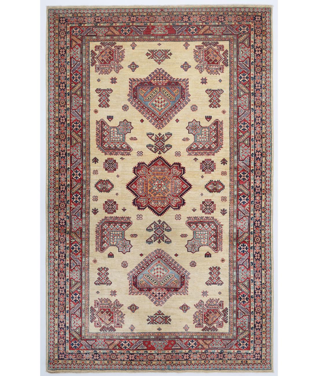 Hand Knotted Royal Kazak Wool Rug - 5'3'' x 8'6'' 5' 3" X 8' 6" ( 160 X 259 ) / Ivory / Red