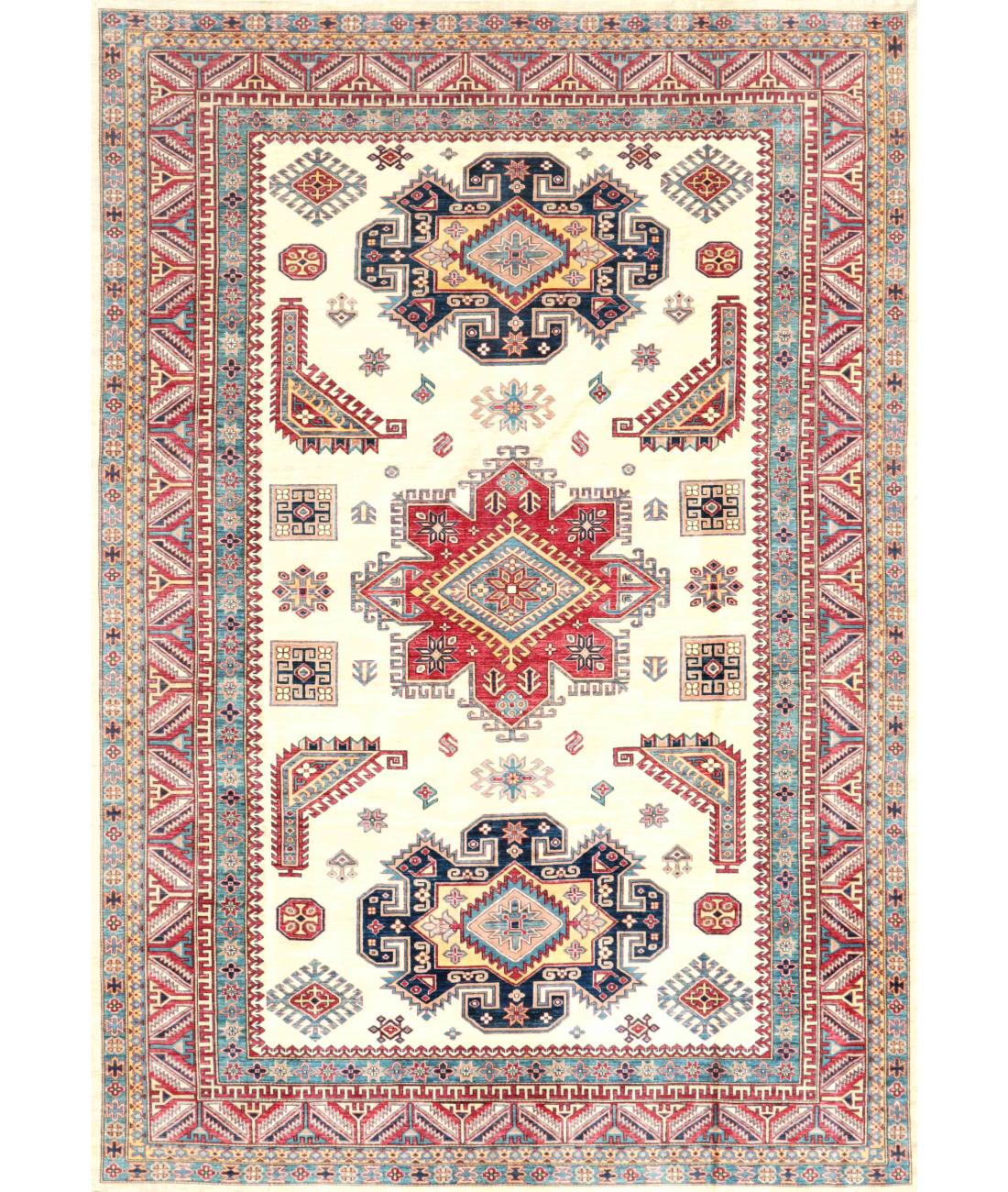 Hand Knotted Royal Kazak Wool Rug - 10'1'' x 14'2'' 10' 1" X 14' 2" ( 307 X 432 ) / Ivory / Red