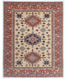 Hand Knotted Royal Kazak Wool Rug - 6'1'' x 7'6'' 6' 1" X 7' 6" ( 185 X 229 ) / Ivory / Red