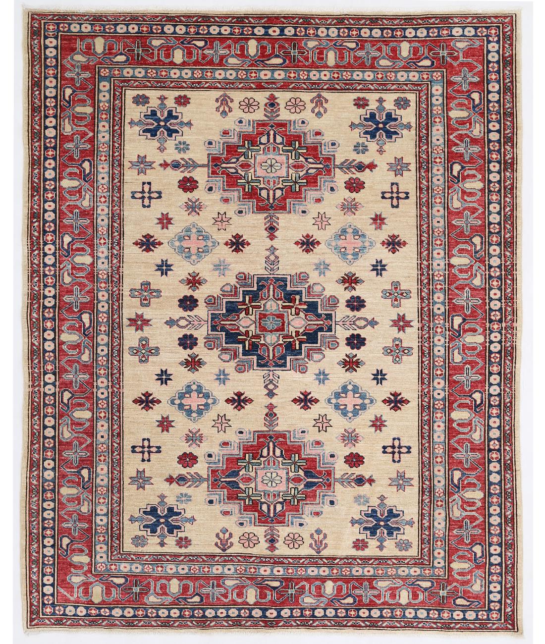 Hand Knotted Royal Kazak Wool Rug - 6'0'' x 7'5'' 6' 0" X 7' 5" ( 183 X 226 ) / Ivory / Red