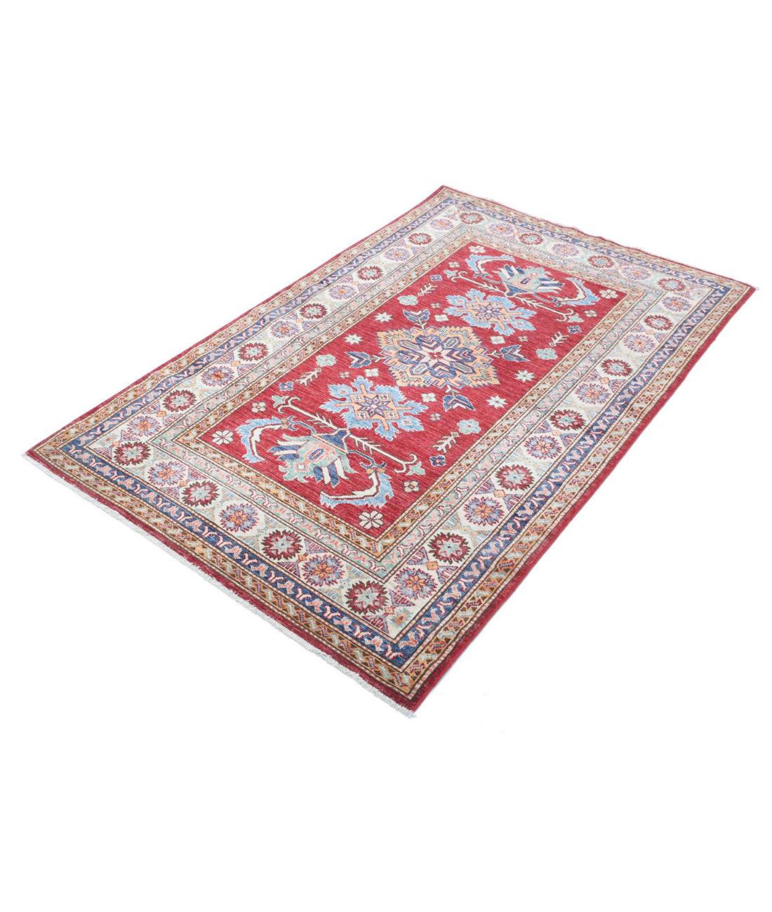 Kazak 3'10'' X 6'0'' Hand-Knotted Wool Rug 3'10'' x 6'0'' (115 X 180) / Red / Ivory