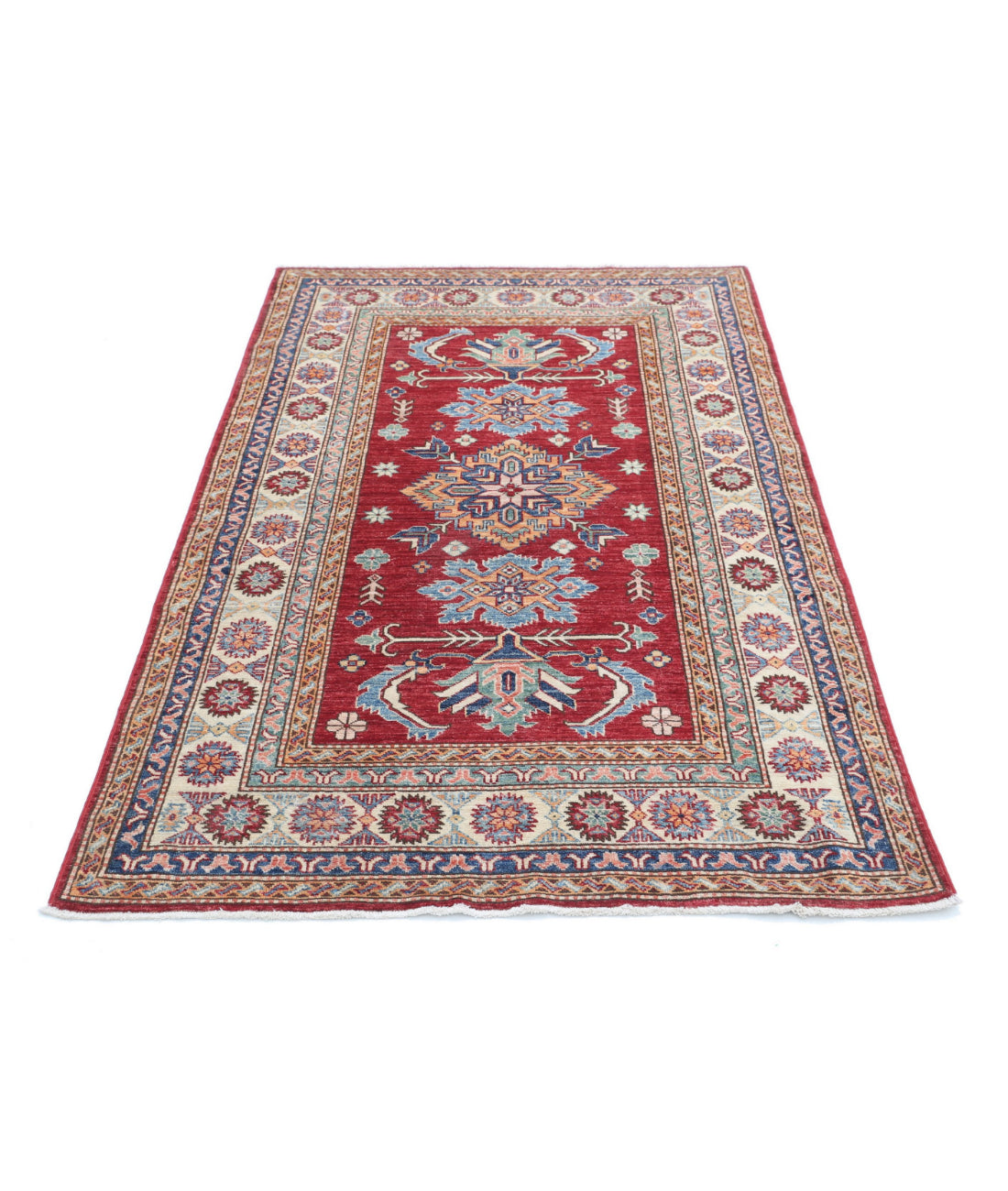 Kazak 3'10'' X 6'0'' Hand-Knotted Wool Rug 3'10'' x 6'0'' (115 X 180) / Red / Ivory