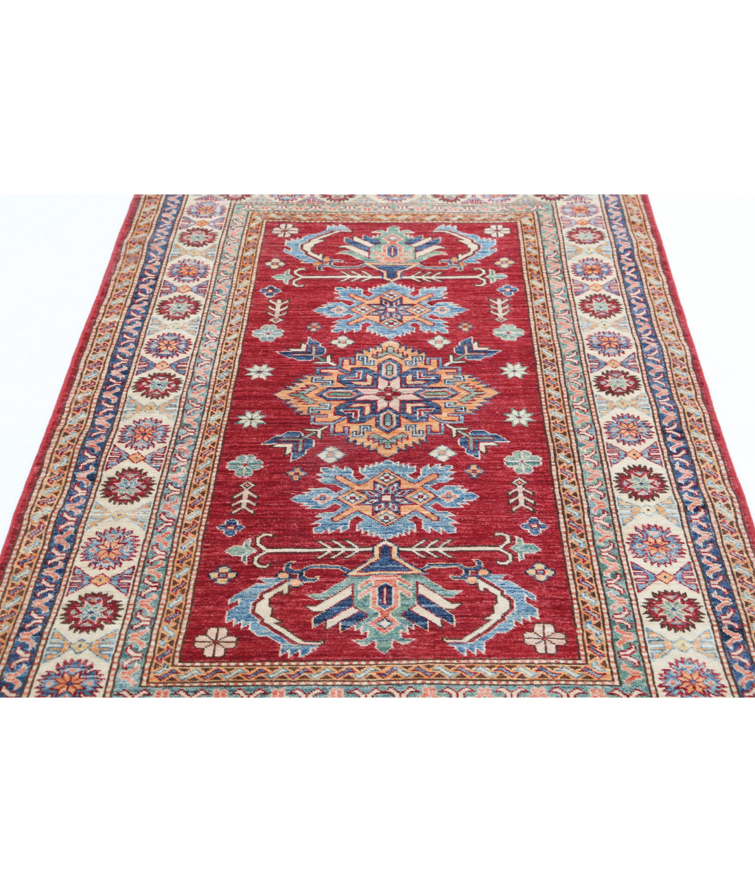 Kazak 3'10'' X 6'0'' Hand-Knotted Wool Rug 3'10'' x 6'0'' (115 X 180) / Red / Ivory