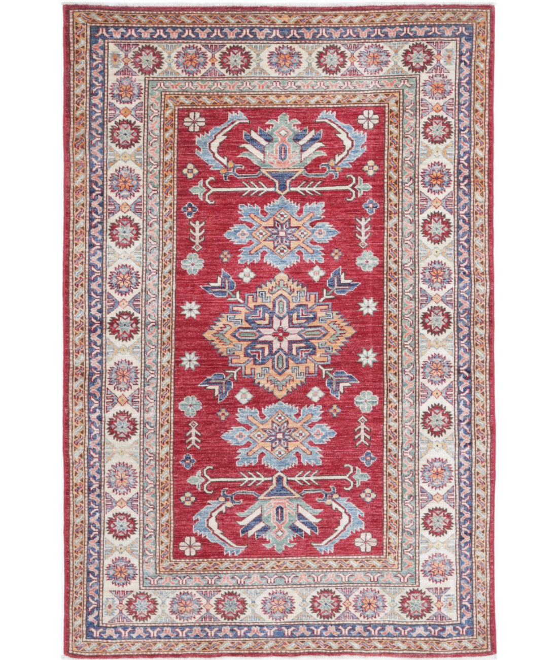 Kazak 3'10'' X 6'0'' Hand-Knotted Wool Rug 3'10'' x 6'0'' (115 X 180) / Red / Ivory