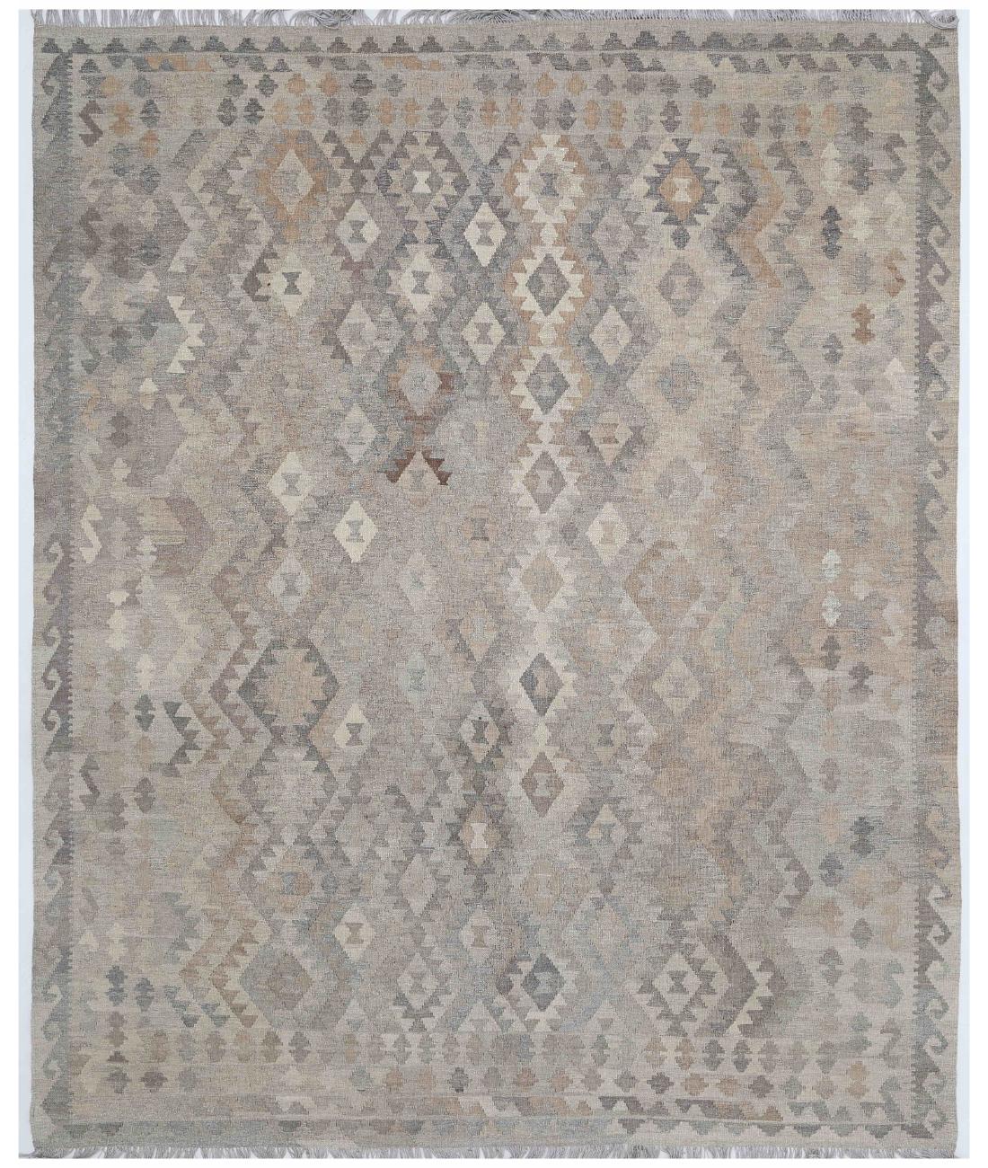 Hand Woven Natural Kilim Wool Kilim Rug - 8'1'' x 9'9'' 8' 1" X 9' 9" ( 246 X 297 ) / Grey / Ivory