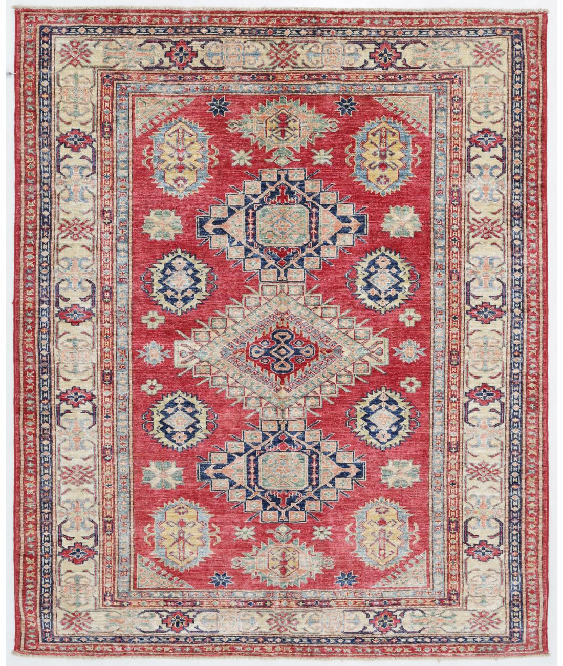 Hand Knotted Royal Kazak Wool Rug - 4'11'' x 5'11'' 4' 11" X 5' 11" ( 150 X 180 ) / Red / Ivory