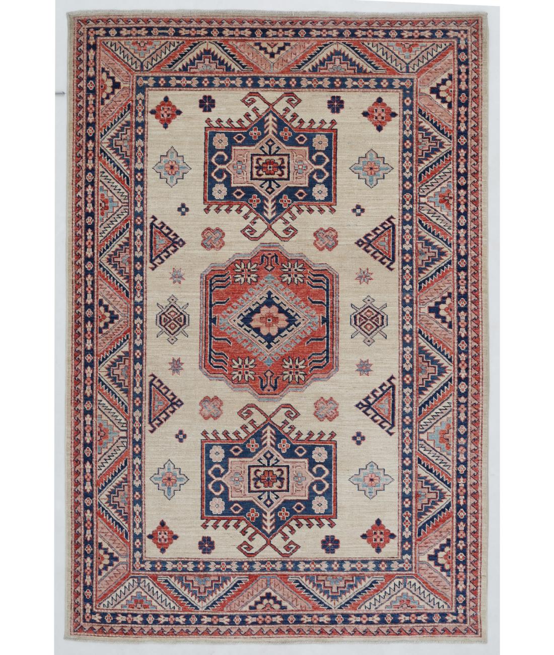 Hand Knotted Royal Kazak Wool Rug - 4'11'' x 7'3'' 4' 11" X 7' 3" ( 150 X 221 ) / Ivory / Red