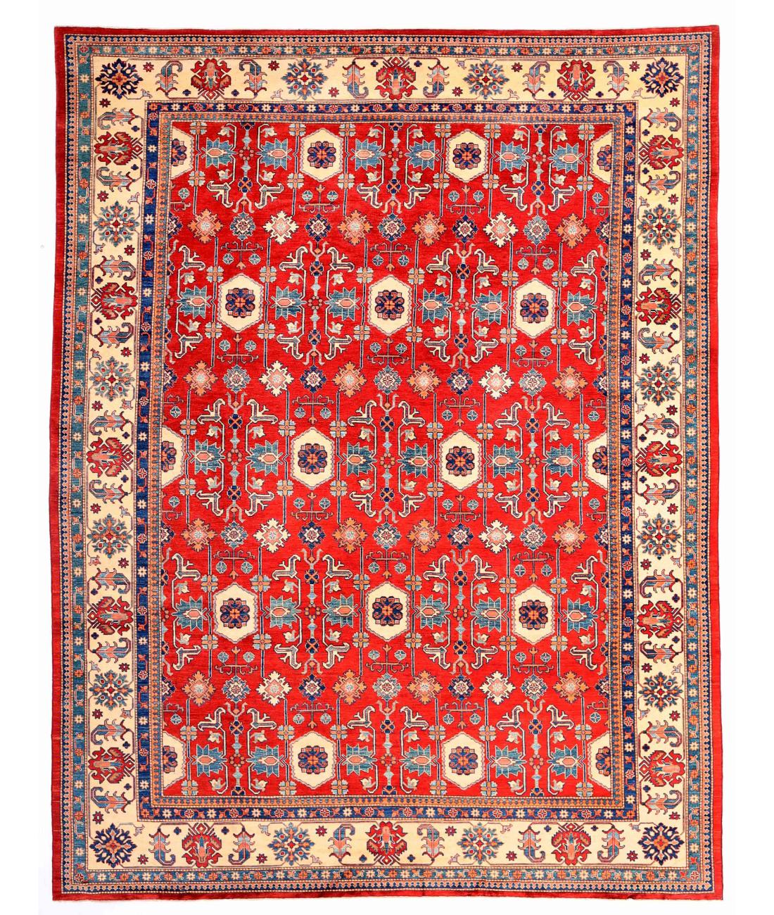 Hand Knotted Tribal Kazak Wool Rug - 12'0'' x 15'6'' 12' 0" X 15' 6" ( 366 X 472 ) / Red / Ivory