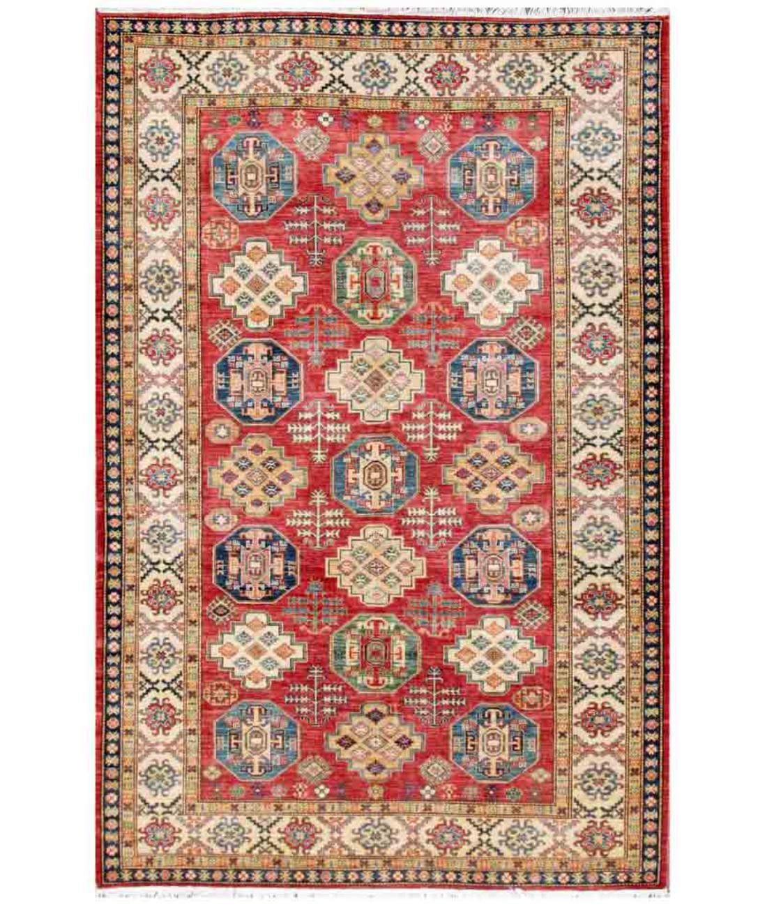 Hand Knotted Royal Kazak Wool Rug - 6'8'' x 9'10'' 6' 8" X 9' 10" ( 203 X 300 ) / Red / Ivory