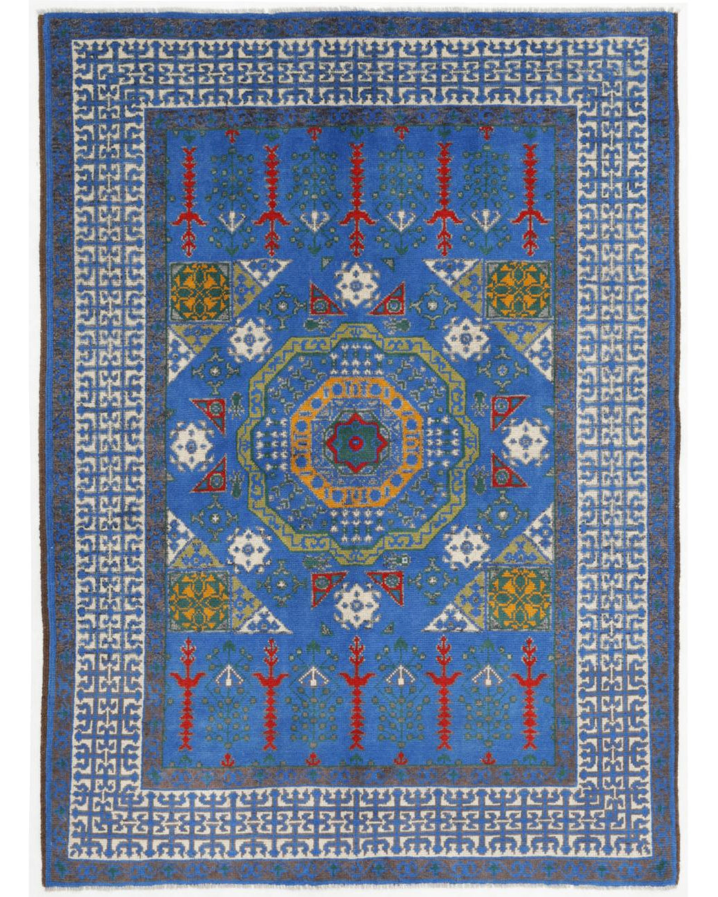Hand Knotted Akcha Revival Wool Rug - 5'8'' x 7'10'' 5' 8" X 7' 10" ( 173 X 239 ) / Blue / Ivory