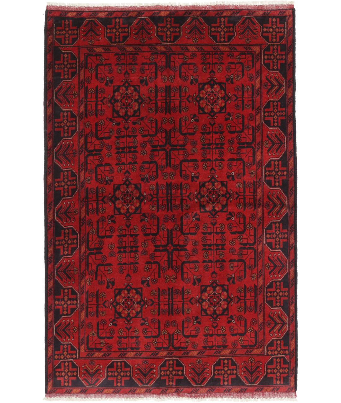 Hand Knotted Afghan Khal Muhammadi Wool Rug - 4'2'' x 6'5'' 4' 2" X 6' 5" ( 127 X 196 ) / Red / Black