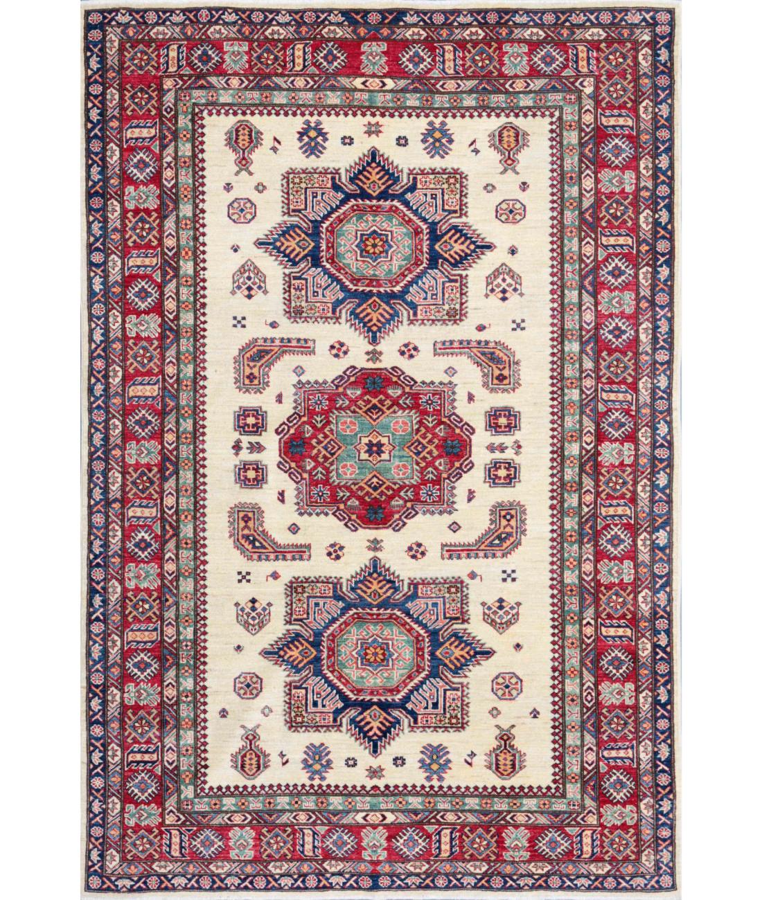 Hand Knotted Royal Kazak Wool Rug - 5'7'' x 8'2'' 5' 7" X 8' 2" ( 170 X 249 ) / Ivory / Red