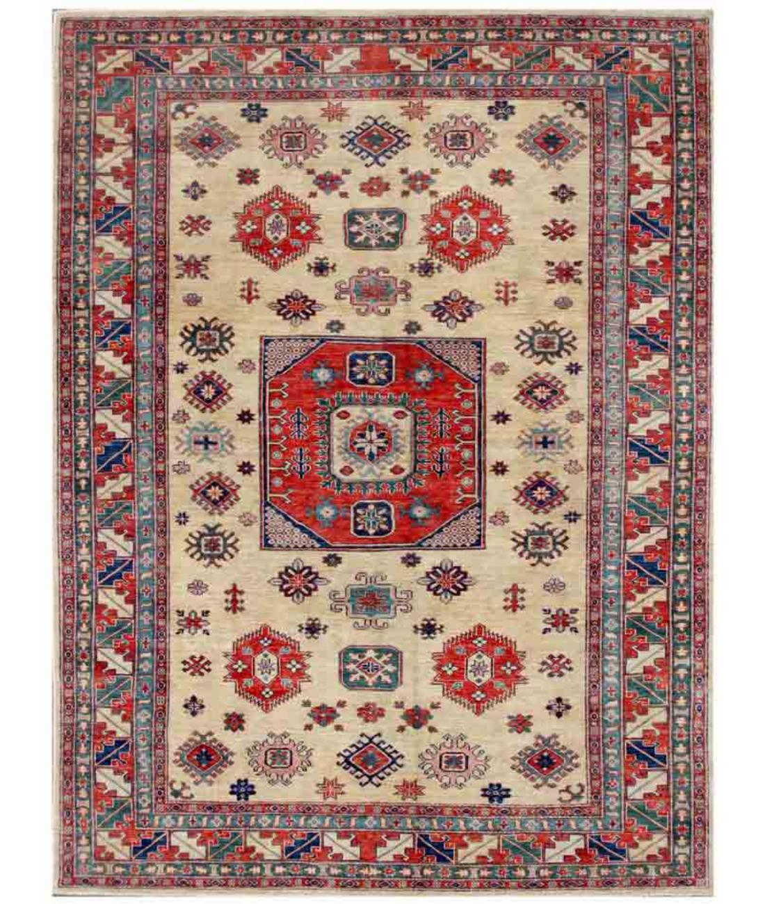 Hand Knotted Royal Kazak Wool Rug - 6'8'' x 9'1'' 6' 8" X 9' 1" ( 203 X 277 ) / Beige / Red