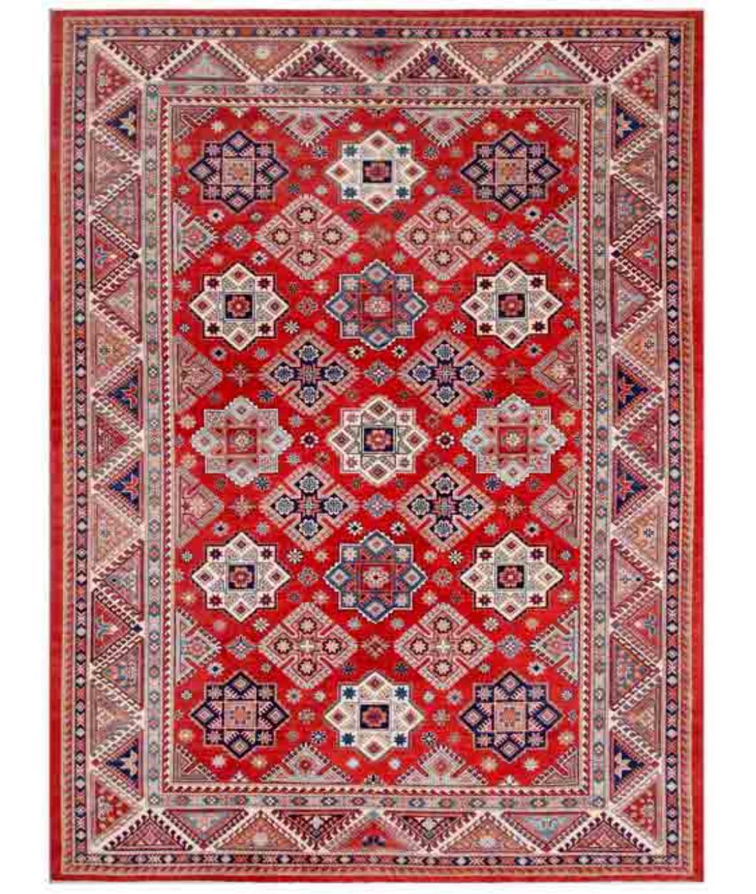 Hand Knotted Tribal Kazak Wool Rug - 10'5'' x 14'2'' 10' 5" X 14' 2" ( 318 X 432 ) / Red / Ivory