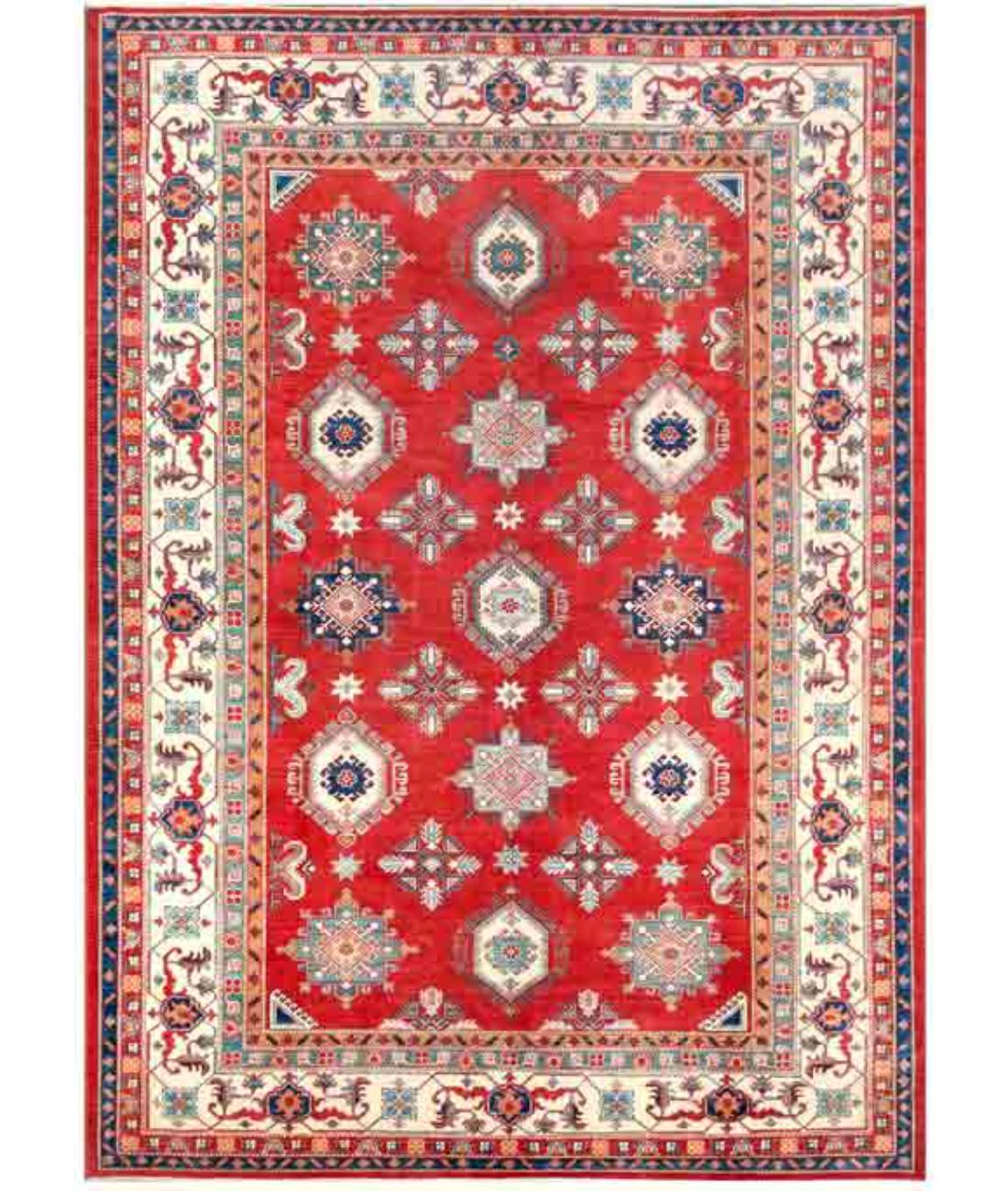 Hand Knotted Tribal Kazak Wool Rug - 10'4'' x 14'1'' 10' 4" X 14' 1" ( 315 X 429 ) / Red / Ivory